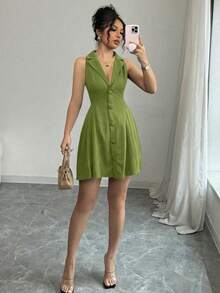 Elenzga Đầm ngắn nữ kiểu dáng thường ngày, công sở, màu trơn, cổ ve lật, gấu xếp ly, eo thon, thích hợp cho mùa hè. - màu xanh lá - Xem 3
