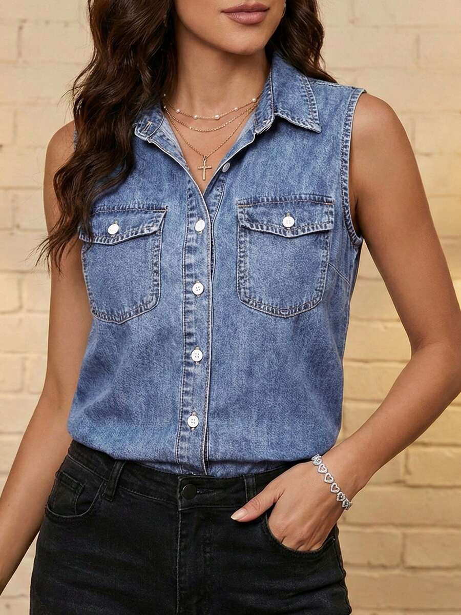 EMERY ROSE Women's Turndown Collar Single-Breasted Pocket Casual Versatile Everyday Denim Jacket - Dark Wash - View 1