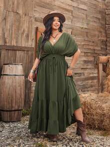 Ceyna Plus Size Women New Military Green Shoulder Sleeve A-Line Patchwork Waist Midi Dress Women's Summer Dresses Shirred Around Dresses For Ladies Woman Dress Women's Plus Size Dresses Women Holiday Dress Luxury Dresses For Women Vacation Outfits Women Dress Bohemian Outfit For Women Dress Boho Plus Size Women's Summer Outfits Chic Dresses For Women Plus Size Women's Dress Casual Dresses For Woman Drawstring Waist Dress Women's Summer Dresses Shirred Dress Women's Plus Size Dresses - Green - View 4