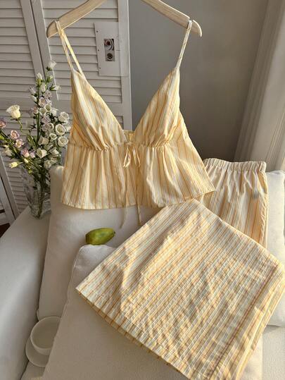 Comfortcana Conjunto de 2 piezas de camiseta de tirantes y pantalones a rayas para vacaciones de talla grande