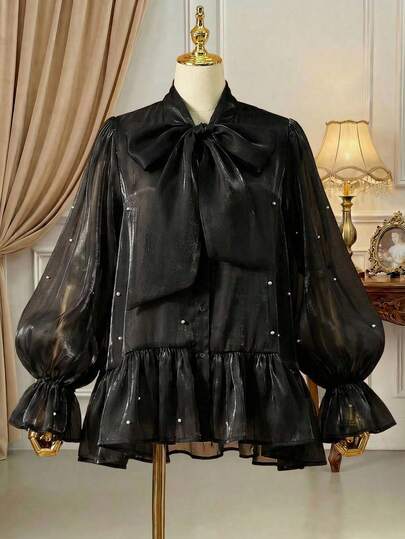 Rometta 大码女式珍珠串珠蝴蝶结喇叭袖衬衫