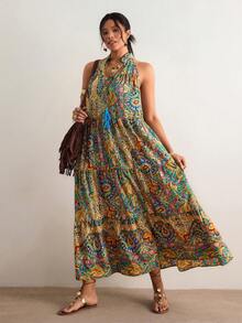 Freevana Bohemian Vintage Printed Halter Dress, Retro Distressed Loose Flowy Long Dress, Vacation Style Slimming Cover-Up Dress, Summer - Multicolor - View 1