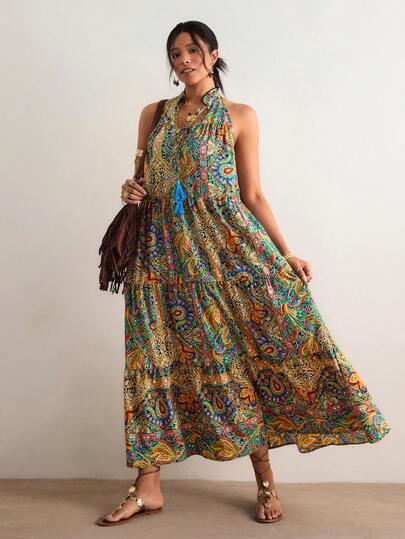 Freevana Bohemian Vintage Printed Halter Dress, Retro Distressed Loose Flowy Long Dress, Vacation Style Slimming Cover-Up Dress, Summer