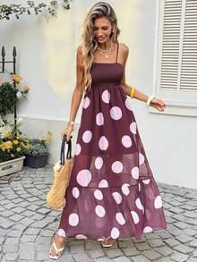 SHEIN Holidaya Women's Olive Green Polka Dot Print Elegant Dress With Spaghetti Straps - Brown - View 1