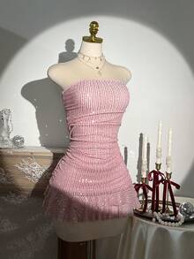 Elamini Women's Fashionable Sequin Ruffle Hem Strapless Dress, Summer - Pink - View 5