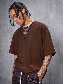 AXEPEAK 男士街头风透气绒面植绒宽松落肩圆领短袖T恤 - 咖啡棕 - 查看 2