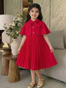 SHEIN Vestido elegante de niña con capa de vuelo con detalle de lazo y bajo plisado de unicolor - Rosa Fucsia - Ver 3