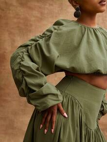 Vixey 100% Cotton Round Neckline Gathered Long Sleeve Cropped Top - Green - View 4