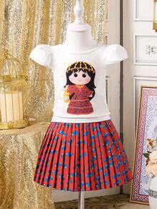 Conjunto de 2 piezas para bebé niña con parte superior estampada con temática de Ramadán y falda plisada con flores - Burdeos - Ver 1