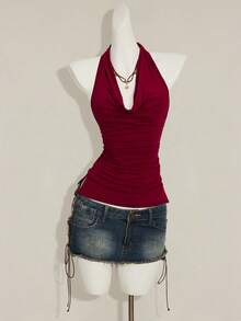SHEIN ICON 女士棕色复古设计性感露背串珠垂褶领吊带衫 - 酒紅色 - 查看 4