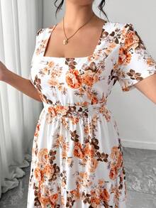Elenzga Vestido de mujer talla grande de verano con estampado floral romántico, cuello cuadrado, espalda descubierta, cintura elástica y fluido, adecuado para playa, vacaciones y viajes al aire libre - Albaricoque - Ver 6