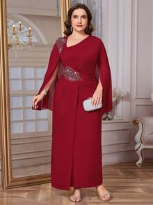 Reflora 大码女士优雅雪纺蝙蝠袖连衣裙 - 紅色 - 查看 5