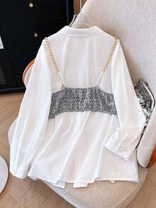 GlowEve Women's Solid Color Long Sleeve Button-Up Shirt And Plaid Camisole Casual 2-Piece Set - Black and White - View 2