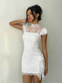 Aloruh 女士复古棕色迷你连衣裙，泡泡袖，立领，收腰设计，饰有褶裥蕾丝，修身包臀连衣裙 - 白色 - 查看 5