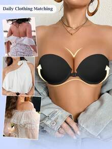 DesireSculpt 2pcs Women's Solid Color Comfortable Strapless Minimalist Design Front Hook Bras - Multicolor - View 5
