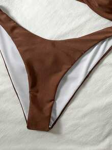 Swim Vcay 2pcs Women's Casual Vacation Elegant Solid Color Halter Bikini Set, Spring/Summer - Brown - View 4