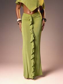 MISSGUIDED Lime Ribbed Knit Ruffle Maxi Skirt High Waisted Bodycon Long Column Skirt With Side Ruffle Detail For Summer Party Occasions - Olive Green - View 2
