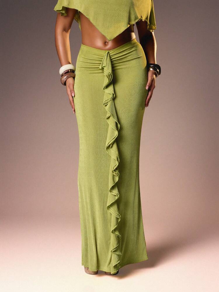 MISSGUIDED Lime Ribbed Knit Ruffle Maxi Skirt High Waisted Bodycon Long Column Skirt With Side Ruffle Detail For Summer Party Occasions