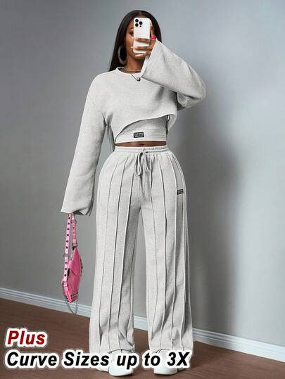 Slaydiva 2025 Autumn/Winter Casual All-Match Versatile Streetwear & Commute 2-Piece Set: Long Sleeve Sweatshirt & Pants, Women's Solid White & Gray Outfit Tall Two Piece Set Brunch 2 Piece Set Wide Leg Pants Set Grey Two Piece Set