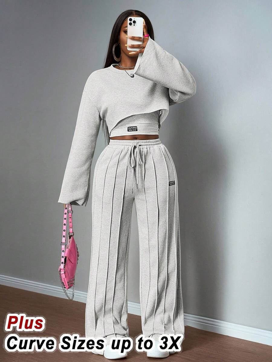 Slaydiva 2025 Autumn/Winter Casual All-Match Versatile Streetwear & Commute 2-Piece Set: Long Sleeve Sweatshirt & Pants, Women's Solid White & Gray Outfit Tall Two Piece Set Brunch 2 Piece Set Wide Leg Pants Set Grey Two Piece Set - Grey - View 1