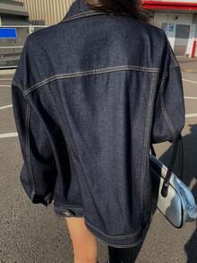 DAZY 少女翻领单排扣口袋休闲百搭日常长袖牛仔外套 - 藍色 - 查看 7