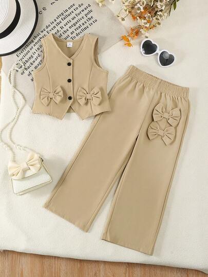 Genkimix Kids New Girls 4-7 Years Old Spring/Summer Sleeveless Vest With Front Button, Bow Decor, And Wide Leg Pants Set, Fashionable Casual Dress Suit For 4-7 Years Old Girls, Suitable For Daily Casual, Vacation, School, Outdoor Sports