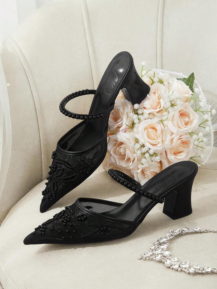 CUCCOO HITCHD Women Shoes Spring Summer Pearl Decorative Pointed Coarse Heel Mesh Solid Color Women's High Heel Shoes Daily Dating Commuter Holiday Party Shoes