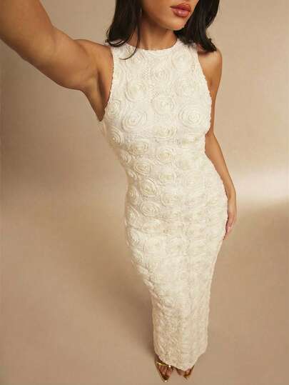 Silquee Vestido largo minimalista elegante sin mangas con estampado floral 3D de rosas, adecuado para fiestas, reuniones, citas, salidas, vestidos de invitada de boda, vestidos de cumpleaños, vestidos de noche, vestidos sin espalda, vestidos bordados, fiestas de cóctel, citas románticas, fiestas, fiestas de boda, atuendos de vacaciones en la playa, atuendos para citas/salidas/fiestas nocturnas/reuniones, atuendos elegantes para fiestas cotidianas, vestidos para actuaciones en el escenario, ropa formal, vestidos de dama de honor