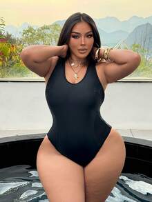Swim SXY Plus Size Women One-Piece Black Criss-Cross Back Lace Sexy Minimalist Vacation One Piece Swimsuit - Black - View 6