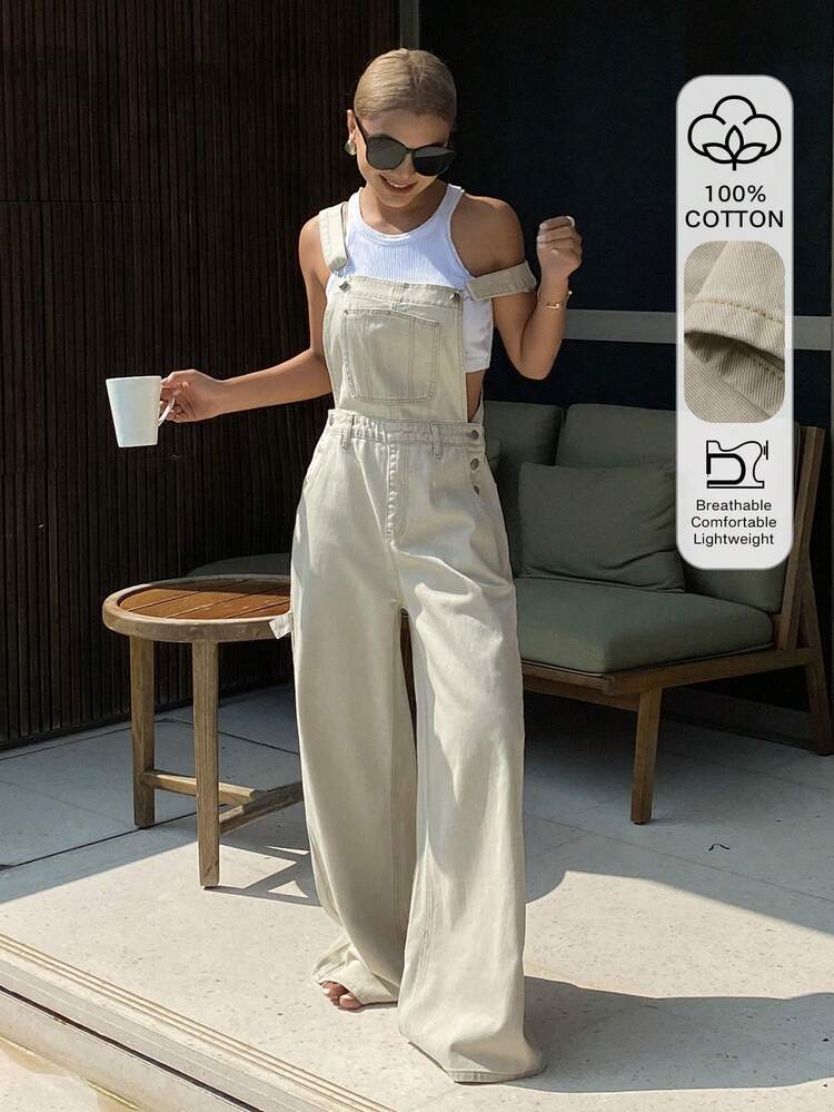 Women's Casual Solid Color Denim Bib Pants With Large Pockets
