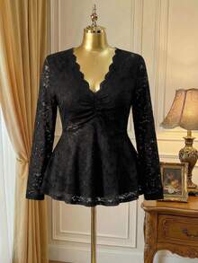 Rometta 1pc Women Plus Size Solid Color V-Neck Ruffle Hem Long Sleeve Blouse Fall Cloth For Women - Black - View 3