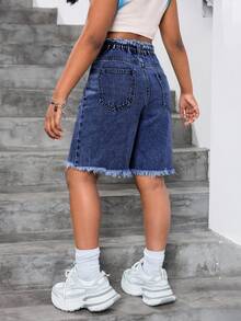 SHEIN Girls' Frayed Star Denim Shorts - Dark Wash - View 2