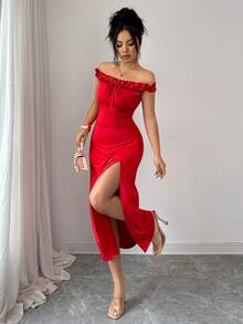 Franclia 女士性感优雅露肩紧身连衣裙，高开衩设计，红色 - Fiery Red - 查看 6