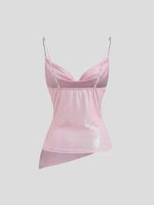 Sweetra 新款时尚亮粉色金属链条肩带性感派对夜店不对称下摆露背短款上衣，女士款 - 粉色 - 查看 2