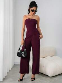 Ritzy Row 新款优雅露肩露背吊带背心和松紧腰长裤两件套，适合通勤、春夏穿着 - 中紫紅色 - 查看 7