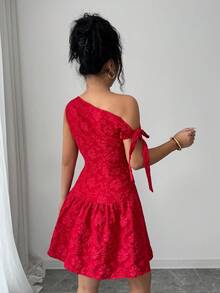 Elenzga Đầm ngắn phối vạt chéo, chất liệu vải jacquard dệt họa tiết, vai lệch, thắt eo, kiểu dáng thanh lịch và tinh tế, phù hợp cho công sở, sinh viên, ngày Valentine, mùa xuân/hè. - Đỏ - Xem 2