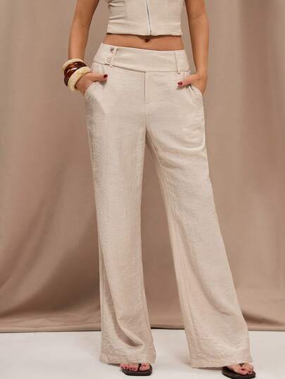 SHEIN BAE Women's Cream Linen Blend Woven Casual Low Waist Pants With Button Pockets, Versatile For Daily, Commute, Casual, Vintage, And Professional Occasions, Spring/Summer