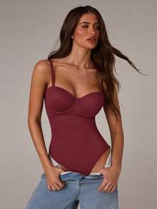 SHEIN BAE Fashionable & Elegant Bodysuit With Cup Design - Burgundy - View 8