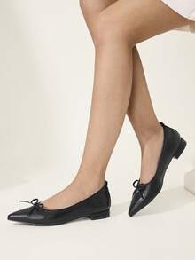 CUCCOO CHICEST Women Shoes Spring And Summer New Bow Pleated Pointed Square Thick Heel Black PU Leather Women's High Heel Single Shoes Elegant Wear Commuter Style - Black - View 2