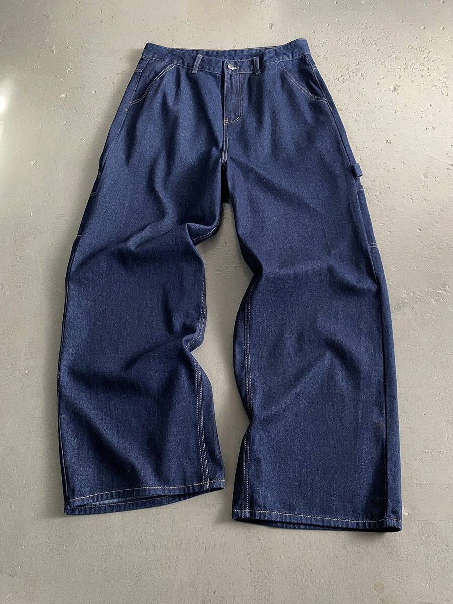 StoneGrade 男式侧袋阔腿宽松牛仔工装裤 - 深色水洗藍 - 查看 1