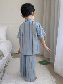 DAZY Young Boy Striped Soft Knit Single-Breasted Short Sleeve Top And Wide Leg Pants Casual Loungewear Pajama Set - Blue - View 3
