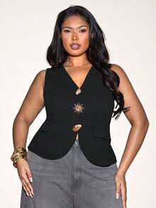 SHEIN BAE 大码女式黑色V领金属纽扣上衣 - 黑色 - 查看 1