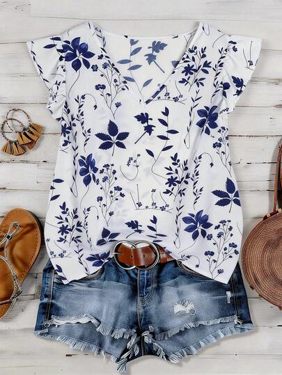 GlowEve CURVE Blusa de mujer talla grande de verano casual con estampado floral, cuello en V y volantes en las mangas