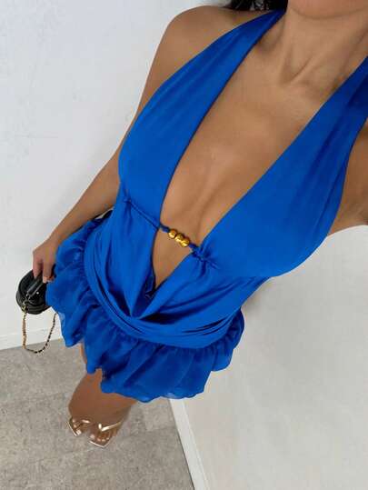 SHEIN Glamour 2 Piece Sets Gemstone Blue Color Halter Neck Sexy V Neck Backless Sleeveless Asymmetrical Mini Skirtt Set,Spring Clothing,Holiday Party Carnival Sets,Streetwear,Women Club Sets,Date Night Sets,Women Birthday Sets,Elevated Elegance,Party Must Have,Vintage Style,Urban Comfort,Street Style,Satin Graduation Dress,Retro Fashion,Backless Top Sets,Graduation Season Sets,Vacation Style Sets