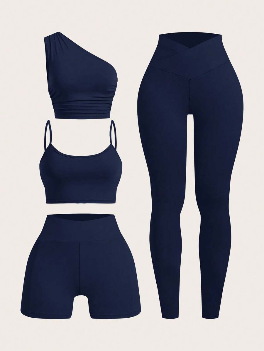 SHEIN EZwear 藏蓝色针织女式运动休闲户外套装，春夏款 - 藏蓝色 - 查看 1