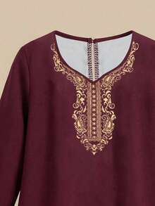 SHEIN 女嬰酒紅色長袖洋裝，金色花卉刺繡，優雅秋季復古 Abaya Kaftan 婚禮賓客端莊女嬰禮服 - 彩色 - 查看 4