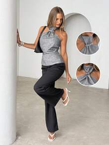 Siren Gaze 女士纯色时尚无袖高领露背吊带灰色上衣，正面褶皱设计，适合春夏夜晚穿着，性感时尚，适合情人节、约会、聚会、派对、旅行、度假、海滩等场合。 - 彩色 - 查看 9