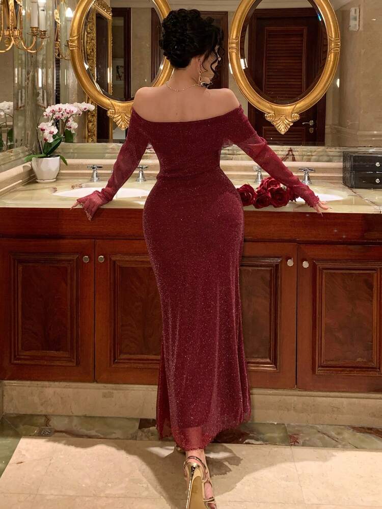Women's Elegant Shiny Ribbon Tie Off-Shoulder Mid-Length Dress, Spring/Summer Wedding Guest Dress Sundress