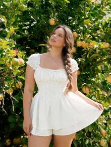 SHEIN MOD Combishort À Manches Bouffantes Et Buste Froncé Pour Femmes De Grande Taille - Blanc - Voir 6