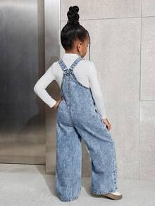 SHEIN Young Girl Casual Fashion Street Loose Wide-Leg Denim Bib Pants, Suitable For Daily Commute - Dark Wash - View 2